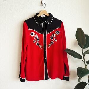 John Moon Womens Western Embroidered Fringe Button Up Shirt Large Cowgirl Rodeo